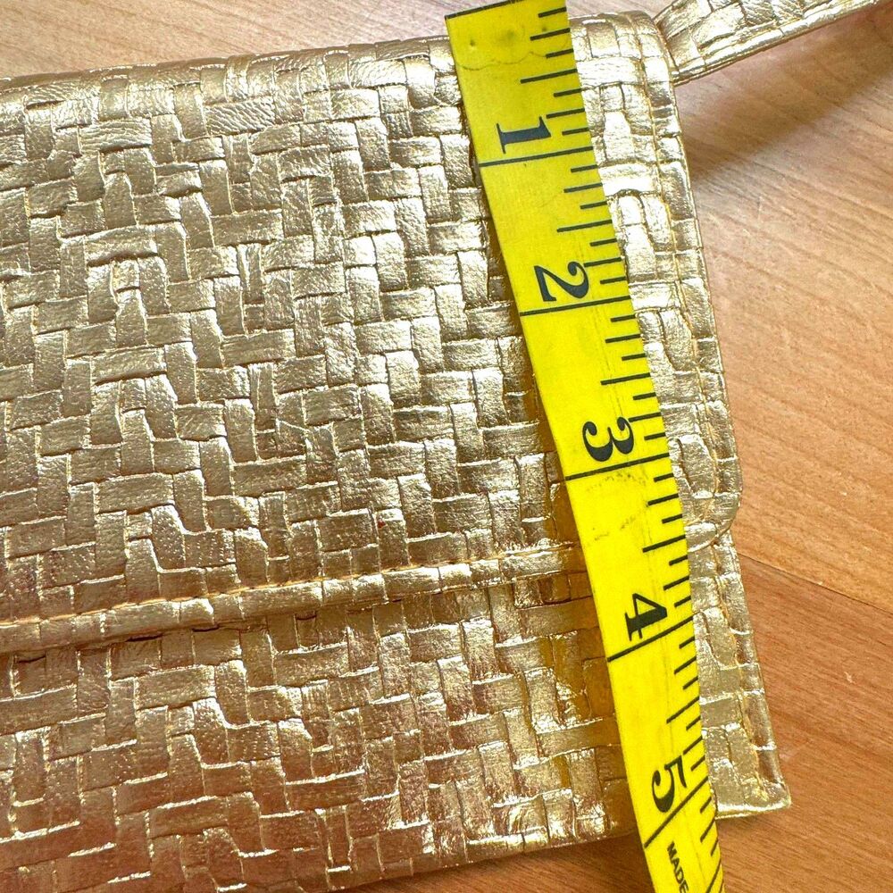 Gold Woven PU Vegan Leather Metallic Lined Convertible Clutch Removable Strap - Picture 8 of 10